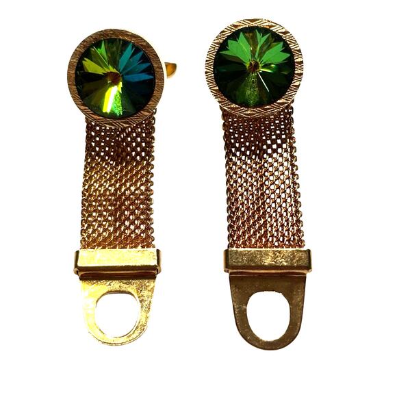 Gold wrap Cufflinks Rivoli style watermelon green & pink stones vintage 1970s - Picture 5 of 8